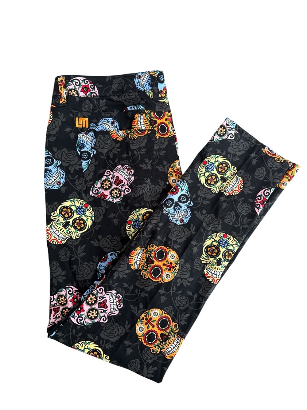LOUDMOUTH GOLF PANTS multicolored sugar skull or Dia de los Muertos fun funky